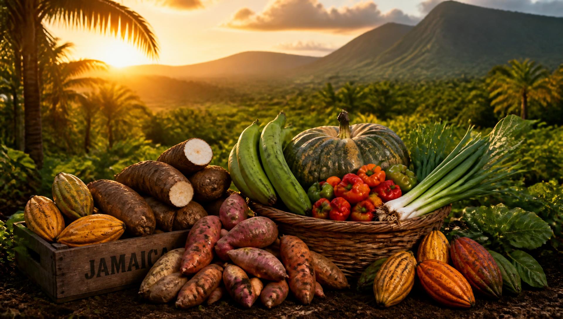 Jamaican harvest of yam, sweet potato, pumpkin, peppers and cocoa in a farm valley at sunset